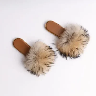 Hot Pink Raccoon Fur Slippers
