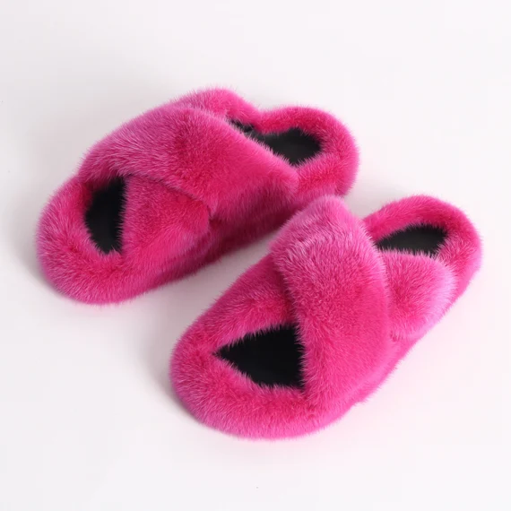 Pink Real Mink Fur Slippers Slides Fur Sandals Personalized Initial Gift for  her