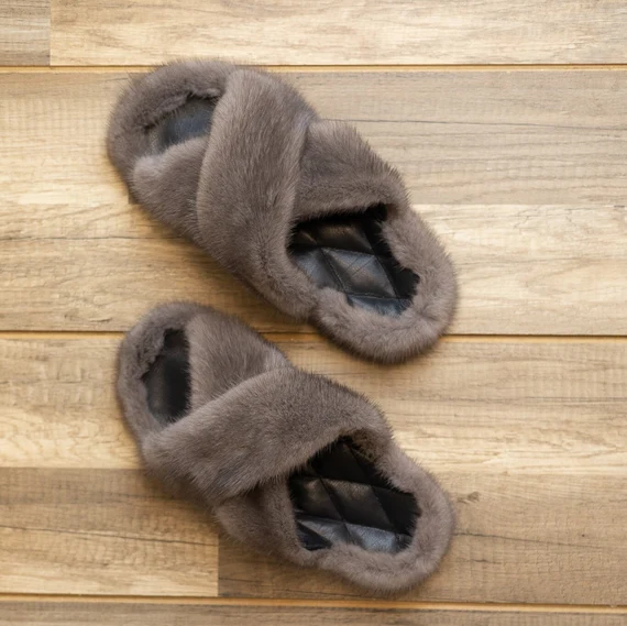 Brown Mink Fur Slides Real Fur Slides Fur Slippers Fluffy 