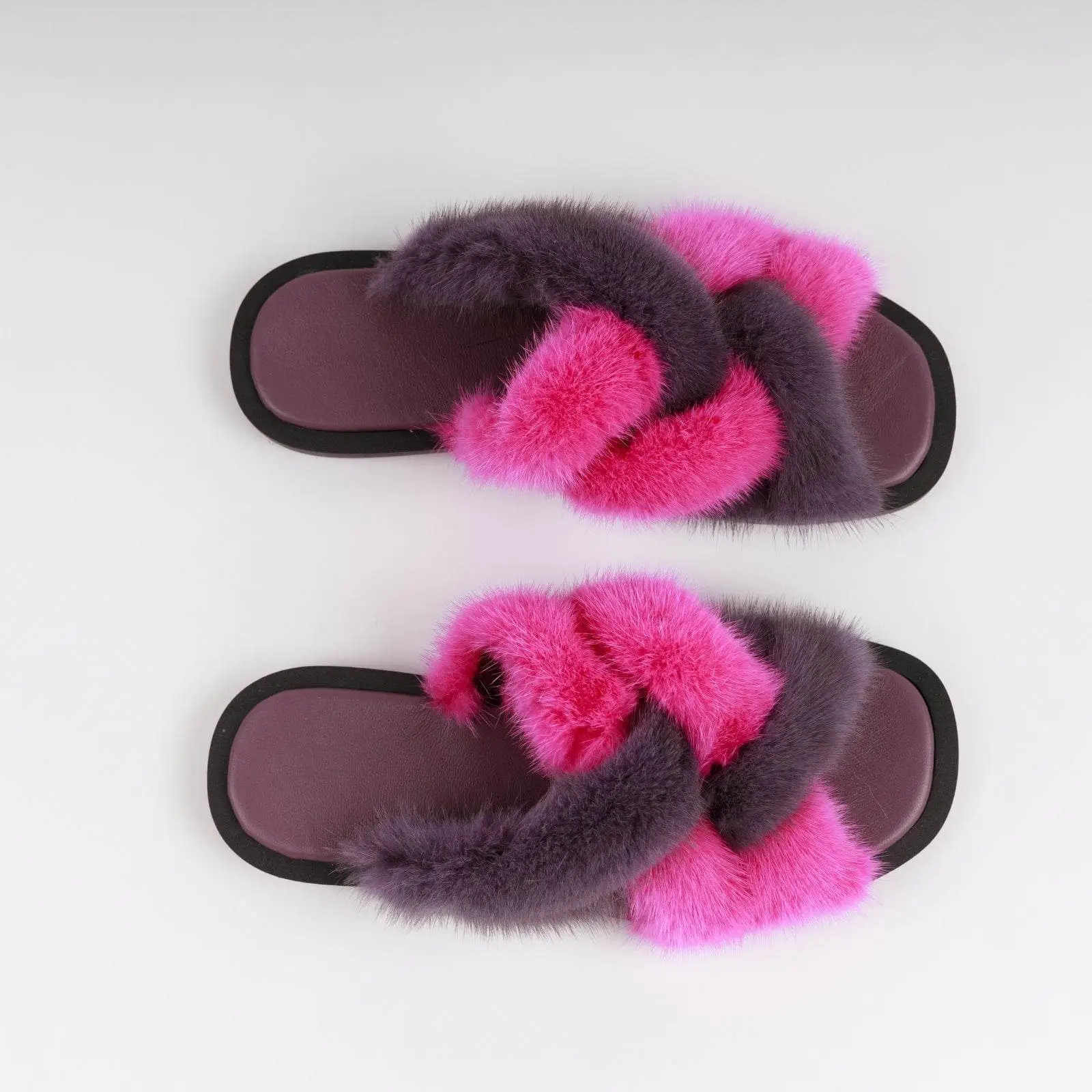Pink Real Mink Fur Slides Slippers Flat Sandals Shoes - $ Symbol